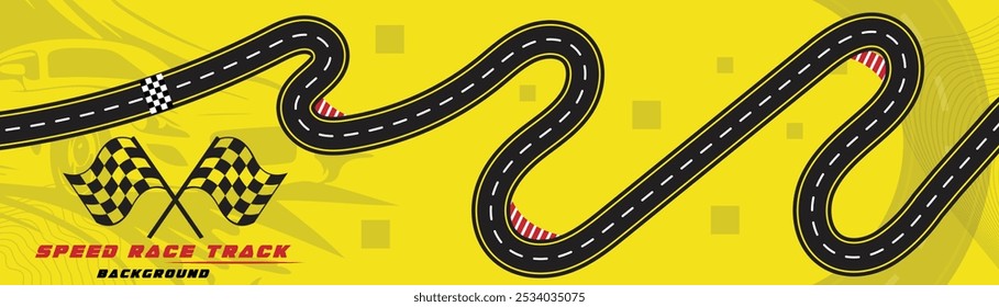 Ilusión creativa del Vector de la pista de la raza aislada en el fondo amarillo. Diseño de fondo de pista de carrera de velocidad con coche deportivo.