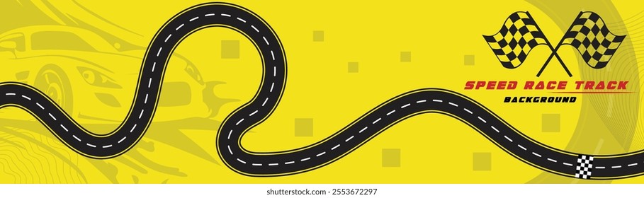 Creative vector illusion of race track isolated on yellow background. Speed race track background design with sport car.