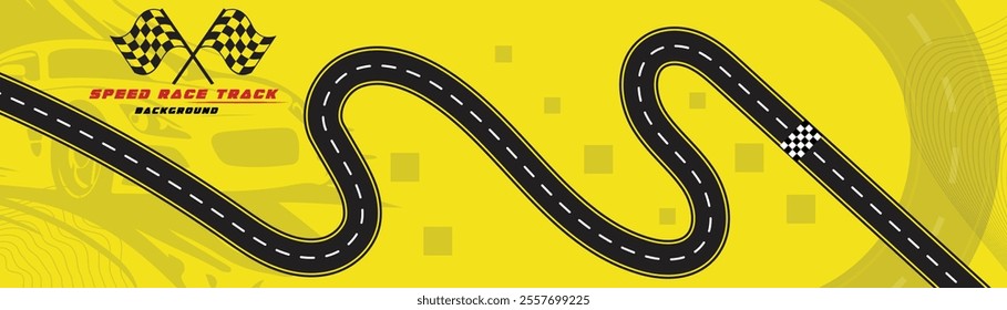 Creative vector illusion of race track isolated on yellow background. Speed race track background design with sport car.