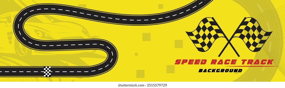 Creative vector illusion of racetrack isolated on yellow background. Speed racetrack background design with sport car.