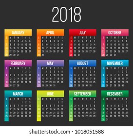 Creative vector illustration of 2018 year colorful calendar isolated on transparent background. Art design blank mockup template event planner. Week starts sunday. Abstract concept graphic element