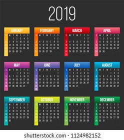 Creative vector illustration of 2019 year colorful calendar isolated on transparent background. Art design blank mockup template event planner. Week starts sunday. Abstract concept graphic element