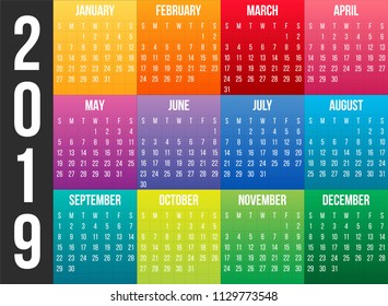 Creative vector illustration of 2019 year colorful calendar isolated on transparent background. Art design blank mockup template event planner. Week starts sunday. Abstract concept graphic element