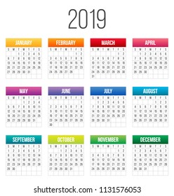 Creative vector illustration of 2019 year colorful calendar isolated on transparent background. Art design blank mockup template event planner. Week starts sunday. Abstract concept graphic element