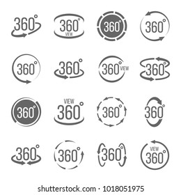 Creative vector illustration of 360 degrees view related sign set isolated on transparent background. Art design. Abstract concept graphic rotation arrows, panorama, virtual reality helmet element