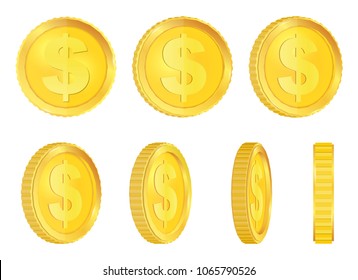 Creative vector illustration of 3d gold coins floating in different perspective. Isolated on transparent background. Dollar sign. Realistic money. Art design. Abstract concept graphic element.