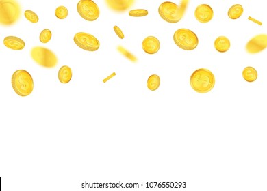 Creative vector illustration of 3d gold coins floating in different perspective. Isolated on transparent background. Dollar sign. Realistic money. Art design. Abstract concept graphic element.