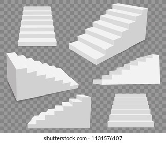 Creative vector illustration of 3d interior staircases, white stage set isolated on transparent background. Art design stairs steps collection. Abstract concept graphic business infographic element