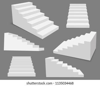 Creative vector illustration of 3d interior staircases, white stage set isolated on transparent background. Art design stairs steps collection. Abstract concept graphic business infographic element