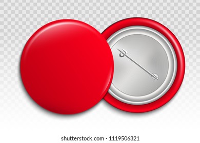 Creative vector illustration of 3d pin button isolated on transparent background. Front and back side. Art design blank badge brooch mockup template. Abstract graphic element with place for your text
