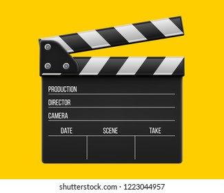 Creative vector illustration of 3d realistic movie clapperboard, film clapper isolated on transparent background. Art design cinema slate board template. Abstract concept graphic filmmaking element