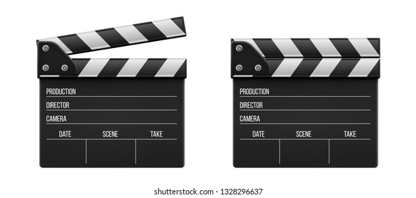 Creative vector illustration of 3d realistic movie clapperboard, film clapper isolated on transparent background. Art design cinema slate board template. Abstract concept graphic filmmaking element