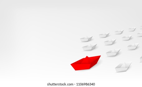 Creative vector illustration of 3d red paper ship leading among white isolated on background. Business leadership different boat art design . Abstract concept graphic element with copy space