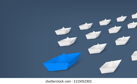 Creative vector illustration of 3d red paper ship leading among white isolated on background. Business leadership different boat art design . Abstract concept graphic element with copy space