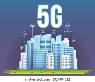 Creative vector illustration of 5G signal transmission technology, new wireless internet wifi connection background. Art design communication network. Abstract concept mobile banner graphic element