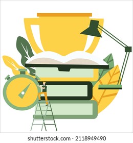 Creative Vector Illustration about Big goblet behind the pile of books, man climbing stairs to a stopwatch, big study lamp, learning champion concept. Modern Design Vector