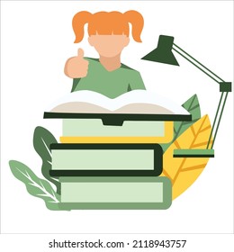 Creative Vector Illustration about a girl gives a thumbs up behind a pile of textbooks and study lamps. Modern Design Vector