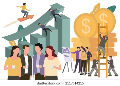 Creative Vector Illustration about a group of people relaxed discussion with a cup of tea, the background of 3 people going upstairs, discussion group with chart board. pile of dolar coins. Design