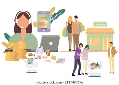 Creative Vector Illustration about online versus offline shopping, female call center clerk serving customers online, a woman sitting on a pile of dollar coins reading a book, couple with basket.