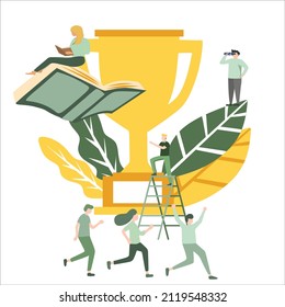 Creative Vector Illustration about people running for trophies concept, read for the best science, see victory with binoculars. Design Banner, green background