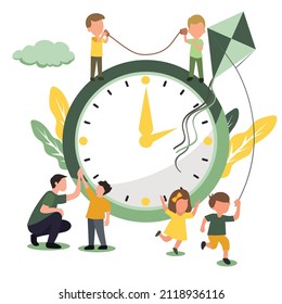 Creative Vector Illustration about the quality time of children's playing with dad concept, children playing on a big clock, dad high fives with son, playing kites Modern Design Vector 