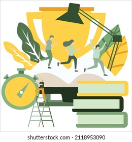 Creative Vector Illustration about running after each other on an open book, a pile of books with a trophy background, a man climbing the stairs to the top of the stopwatch. Modern Design Vector 