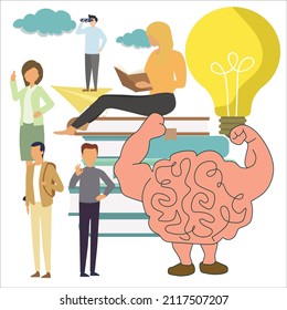 Creative Vector Illustration about a strong brain, a woman reading on a pile of books, an idea bulb, a boss with binoculars, a female and male lecturer, and a student with a backpack. Modern Design