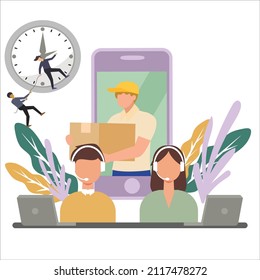 Creative Vector Illustration about two call center officers serving customers online, the background of online delivery coming out of mobile phones, two people helping each other at the clock. Design