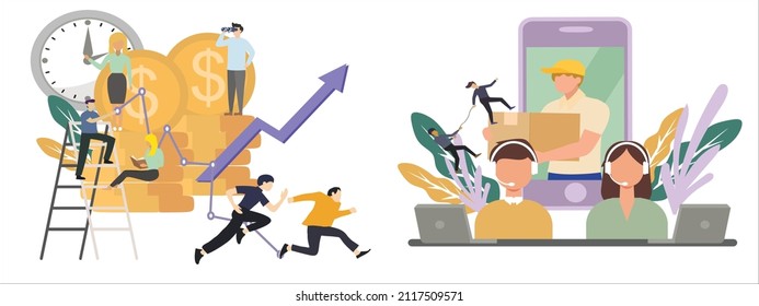 Creative Vector Illustration about two call center officers serving customers online, the background of online delivery coming out of mobile phones, woman sitting on a pile of dollar coins. design