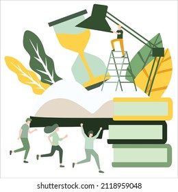 Creative Vector Illustration about the walk, run, and win. a man climbs the stairs to the top of the hourglass, piles of textbooks under the lamp. study time limit concept. Modern Design Vector