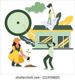 creative Vector Illustration about woman planting a tree, take the time to plant, hold time concept, time control. Flat design style vector illustration