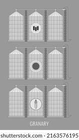 Creative vector illustration of an agricultural warehouse for a grain elevator isolated on a transparent background. Abstract concept of wheat, corn and sunflower graphic icon.
