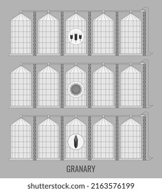 Creative vector illustration of an agricultural warehouse for a grain elevator isolated on a transparent background. Abstract concept of wheat, corn and sunflower graphic icon.

