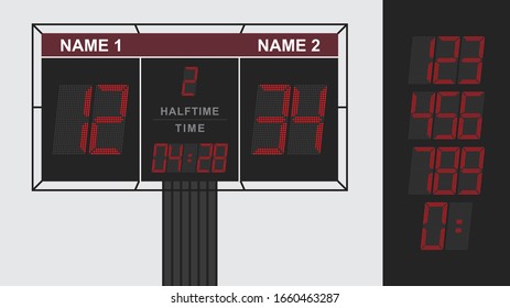 Creative vector illustration of american football scoreboard with infographics. Art design sport game score with digital LED dots. A set of electronic numbers.