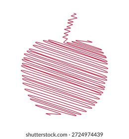 A creative vector illustration of an apple formed by continuous red scribbled lines. This abstract sketch style fruit design features a zigzag pattern and loose strokes, perfect for education icons, school logos, and healthy food concepts. Isolated on a white background.