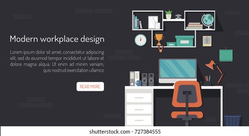 Creative vector illustration banner of modern workplace with table, computer, shelves, lamp. Flat minimalistic interior in stylish colors. Flat design with long shadows. Good for website, mobile app

