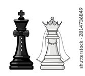 Creative vector illustration of a black chess king piece dressed as a groom with a bow tie, standing next to a white chess queen piece dressed as a bride with a wedding veil and necklace. This clean cartoon line art design represents wedding, marriage, love, partnership, and togetherness concept, isolated.