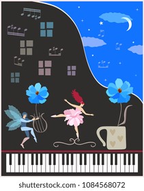 Creative vector illustration with black concert grand piano, winged fairy and fairy ballerina, blue cosmos flowers, musical notes, night sky, moon and clouds. Book cover or poster.