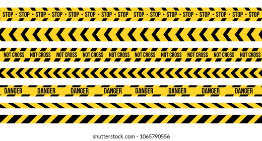 Creative vector illustration of black and yellow police stripe border. Set of danger caution seamless tapes. Art design line of crime places. Abstract concept graphic element. Construction sign.