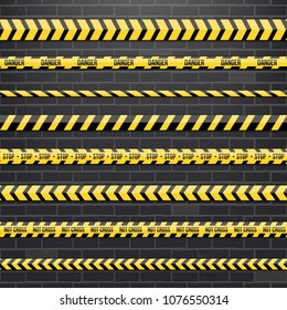 Creative vector illustration of black and yellow police stripe border. Set of danger caution seamless tapes. Art design line of crime places. Abstract concept graphic element. Construction sign.