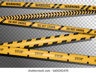 Creative vector illustration of black and yellow police stripe border. Set of danger caution seamless tapes. Art design line of crime places. Abstract concept graphic element. Construction sign.