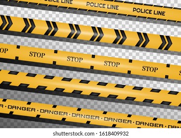 Creative vector illustration of black and yellow police stripe border. Set of danger caution seamless tapes. Art design line of crime places. Abstract concept graphic element. Construction sign.
