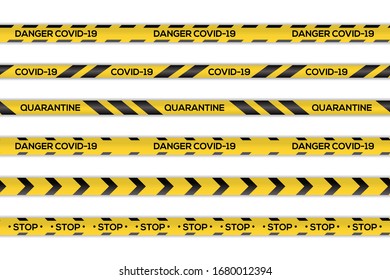 Creative vector illustration of black and yellow stripes coronavirus border. Warning quarantine. Set of danger caution seamless tapes. Art design line of virus places. Abstract concept graphic element