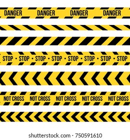 Creative vector illustration of black and yellow police stripe border. Set of danger caution seamless tapes. Art design line of crime places. Abstract concept graphic element. Construction sign svg
