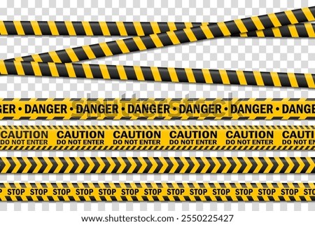 Creative vector illustration of black and yellow police stripe border. Set of danger caution seamless tapes. Caution tape illustration isolated. Abstract concept