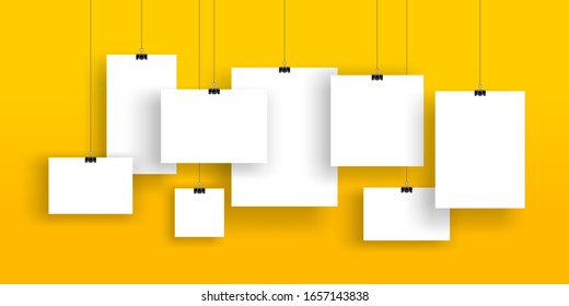 Creative Vector Illustration Of Blank Hanging List, Photo Frames, A4 Paper Sheet Isolated On Background. Art Design Photo Picture Hanging Template. Concept Gallery Portfolio, Frame Paper, Poster.