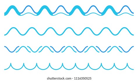 Creative vector illustration of blue sea line ornament set isolated on transparent background. Art design seamless marine wave decoration pattern. Abstract concept curvy, zigzag wavy paper element