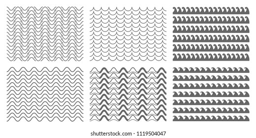 Creative vector illustration of blue sea line ornament set isolated on transparent background. Art design seamless marine wave decoration pattern. Abstract concept curvy, zigzag wavy paper element