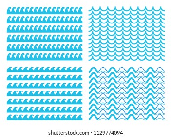 Creative vector illustration of blue sea line ornament set isolated on transparent background. Art design seamless marine wave decoration pattern. Abstract concept curvy, zigzag wavy paper element