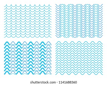 Creative vector illustration of blue sea line ornament set isolated on transparent background. Art design seamless marine wave decoration pattern. Abstract concept curvy, zigzag wavy paper element